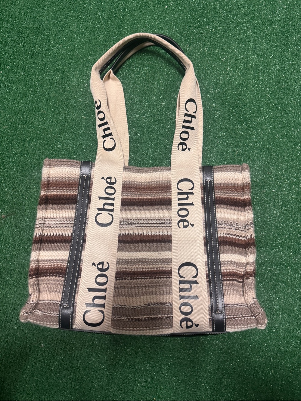 Chloé Beige and Brown Striped Canvas Tote with Logo Straps